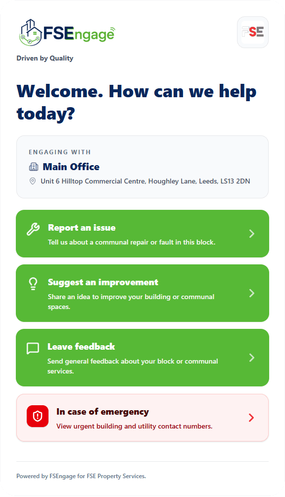 The FSEngage resident reporting interface on a mobile screen