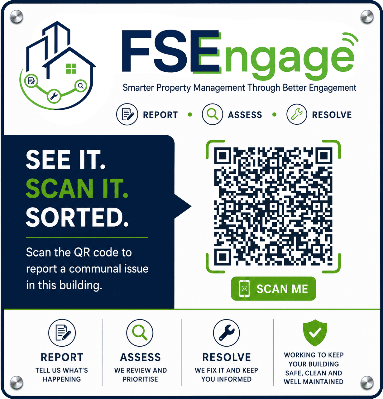 An FSEngage QR reporting sign installed in a communal building
